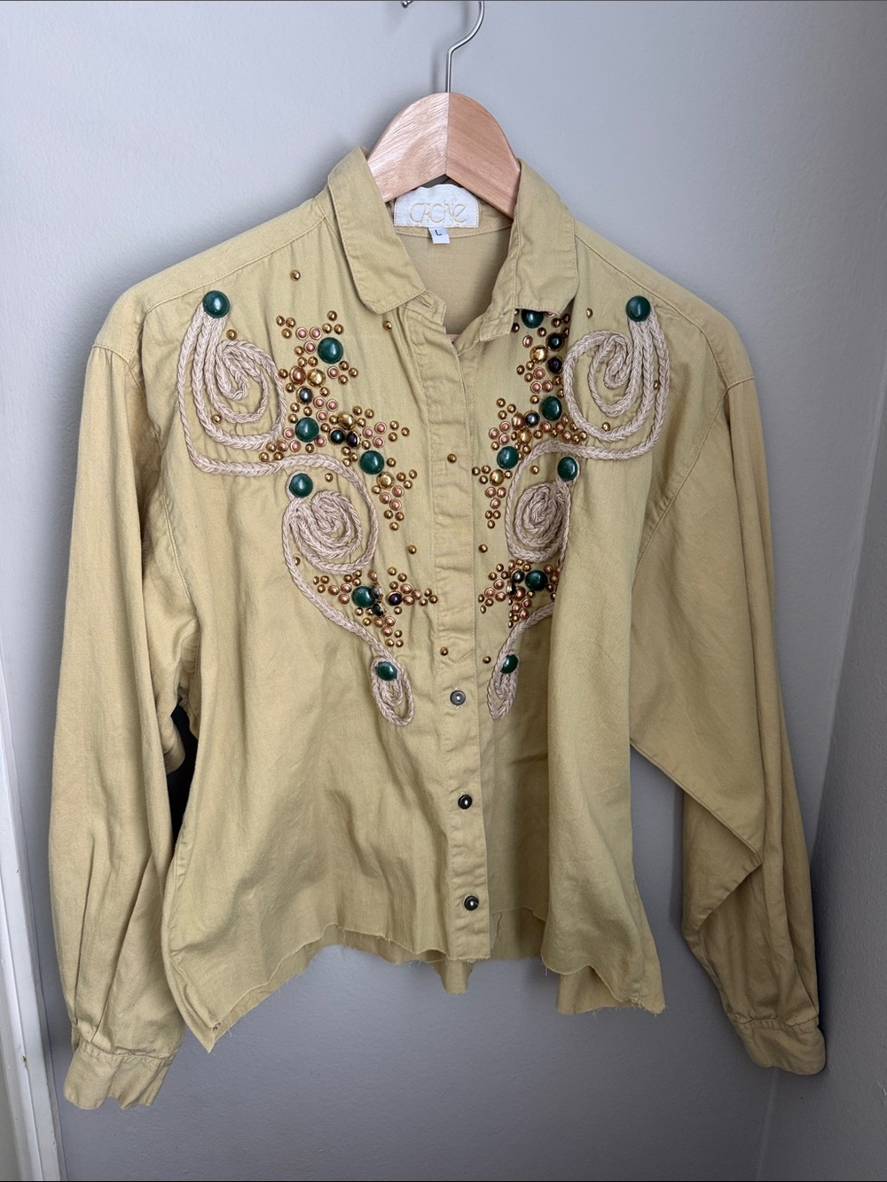 Women’s Vintage Cache Embroidered Yellow Western Button-Up Shirt Size Large